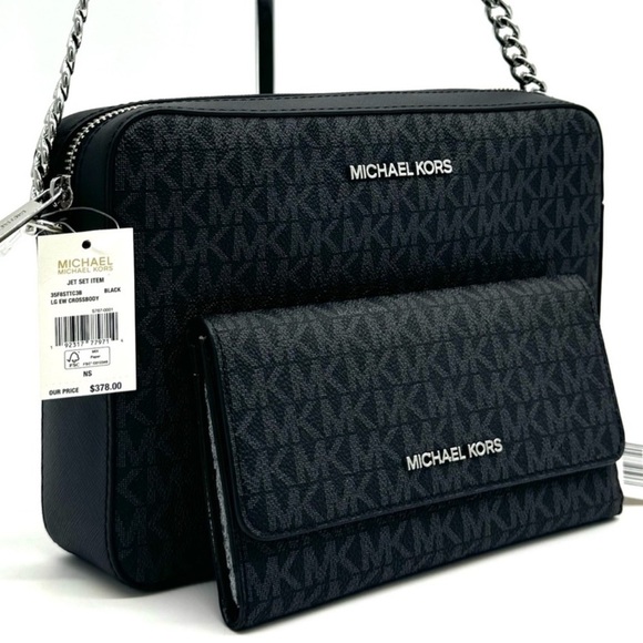 Michael Kors Large Jet Set Item EW Crossbody Bag & Large Trifold Wallet Black - Picture 1 of 11